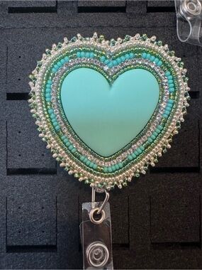 Beaded Heart Badge Reel in Mint Green